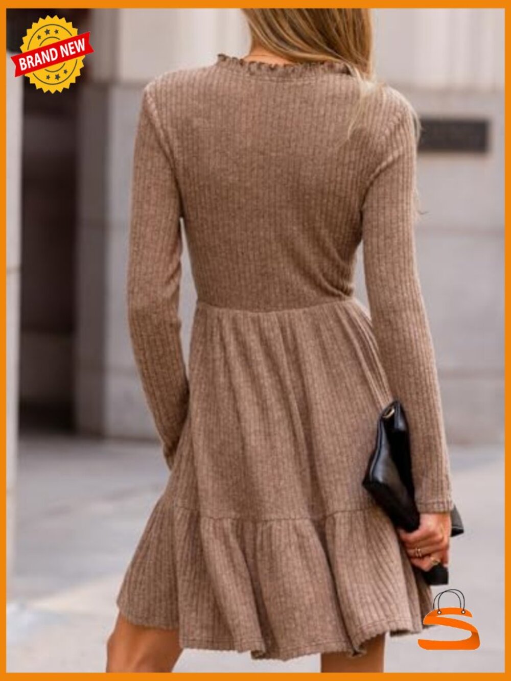 Woven Fall Mini Dress Long Sleeve V Neck Ruffle Sweater Dress - Picture 2 of 5